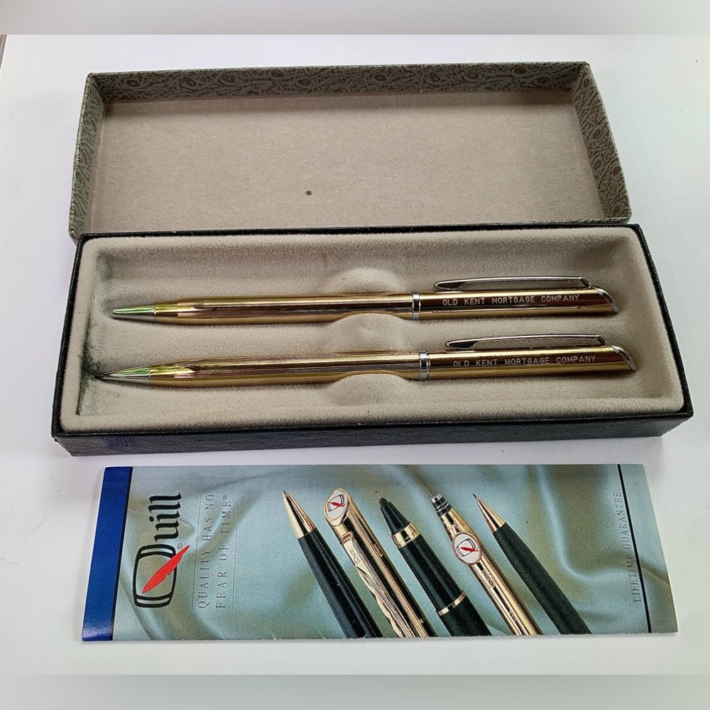 1990s Vtg Quill Old Kent Mortgage Ballpoint Pen Mechanical Pencil Set Gold